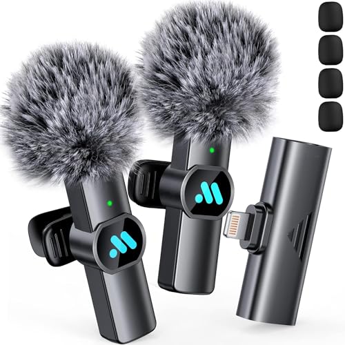 Leettus Lavalier Microfon Wireless, Lavalier Mikrofon Kabellos für iPhone, Plug-Play Mini Microphone für Videoaufzeichnung, Live-Streaming, YouTube, TikTok, Vlog, Interview (2 Stücke Schwarz)