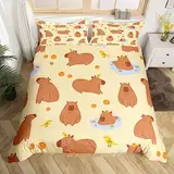 Homewish Capybaras Bettbezug 135x200 Nette Braune Capybaras Trösterbezug für Kleinkinder Teens Jugend, Cartoon Vogel Capybara Orangen Bettwäsche Sätz mit 1 Kissenbezug, Gelbbraun