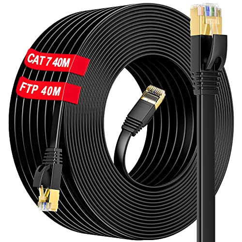 LAN Kabel 40 meter Outdoor & Indoor, S/FTP Cat 7 Hochgeschwindigkeits 10Gbit/s 600MHz Gigabit Flach Ethernet Netzwerkkabel(40 Clips), Draussen Wasserdicht RJ45 Lan kabel, für PC/PS5/Xbox/Switch/Modem
