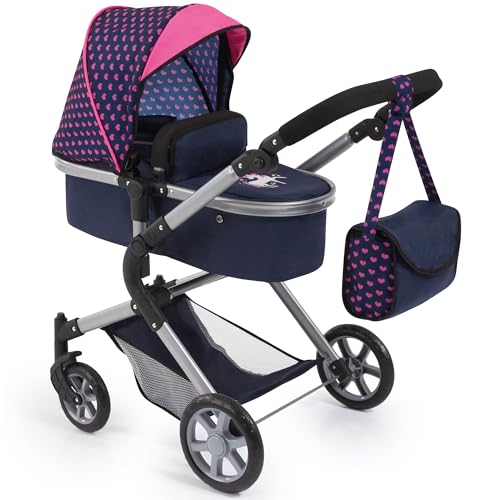 Bayer Design 18154AA City Neo Puppenwagen mit Wickeltasche und Einkaufskorb / umwandelbar in einen Sportwagen / höhenverstellbar / Design: Herzchen, Einhorn / dunkelblau, pink