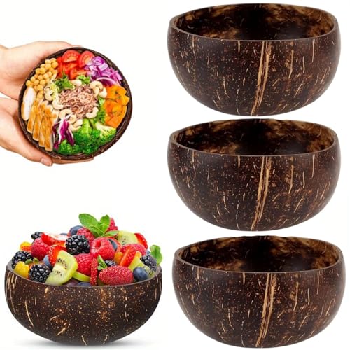 trabag 3 Stück Kokosnuss Schalen - Vegan Plastikfreie Alternative, Kokosschalen Schüssel, Handgefertigt mit Kokosöl Poliert Coconut Bowls (13-15cm)