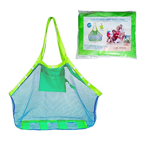 COOLGOEU Strandtasche Strandspielzeug Tasche XXL Groß für Sandspielzeug Wasserspielzeug für Kinder Aufräumsack Spielsack Badetasche Beachbag Faltbar für Familie Urlaub (Blau Mesh/Grün Strap)