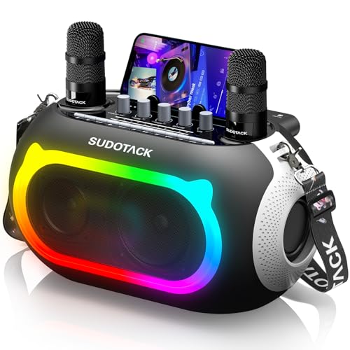 SUDOTACK Karaoke Maschine mit 2 Kabellose Mikrofone,Bluetooth Lautsprecher Box mit Bass-/Höhen-Einstellung, Für Party, Outdoor, Hochzeit, Kirche, Picknick, Geschenk, Erwachsene/Kinder, Schwarz