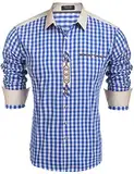 COOFANDY Trachtenhemd Herren Oktoberfest Hemd Kariert Hemd Langarm Karohemden Freizeithemd Cargo Hemd mit Baumwolle Slim fit für Männer Blau 2XL