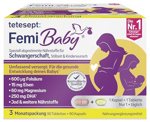 tetesept Femi Baby – 16 Nährstoffe für Kinderwunsch, Schwangerschaft & Stillzeit – mit Folsäure, Eisen, Jod + DHA – 1 x 3 Monatspackung à 90 Tabletten + 90 Kapseln NEU