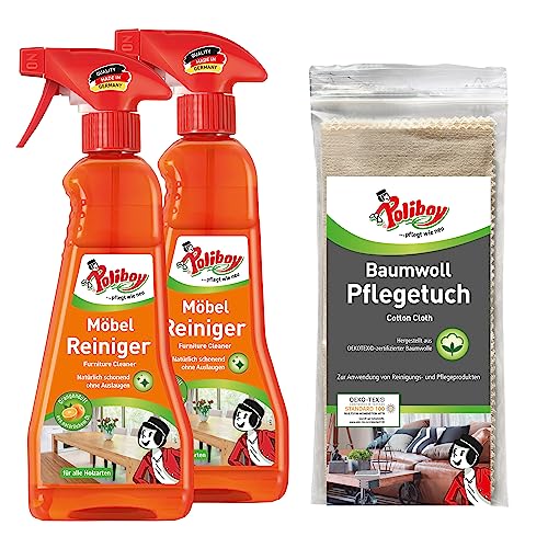 POLIBOY Möbel Reiniger - schonender Holzreiniger zur Möbelpflege - mit Orangenduft - 2x 375ml mit Baumwolltuch - Made in Germany