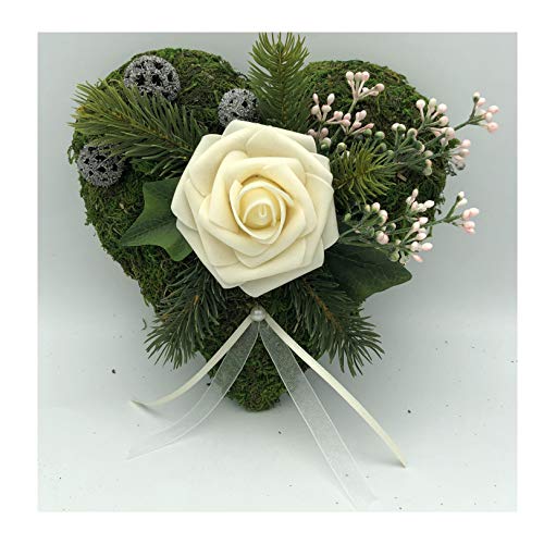 Radami Grabgesteck Grabschmuck Grabaufleger Moosherz Grabherz Trauerherz Grab Herz Gesteck und Rose (Rose Creme)