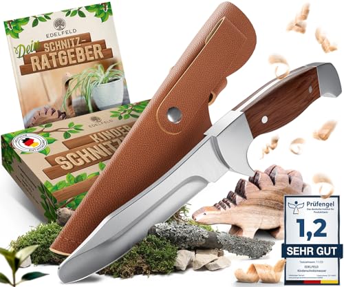 EDELFELD - Schnitzmesser Kinder ab 6 Jahre - Sicheres Taschenmesser Kinder mit Fingerschutz - Kinder Schnitzmesser für Links- & Rechtshänder - Kreatives Kinderschnitzmesser inkl. Scheide & Schnitzbuch