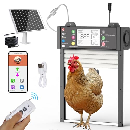 Automatische Hühnerklappe Solar mit LCD Display, App-Steuerung,WiFi Automatische Tür für Hühnerstall Timer und Lichtsensor, Elektrische Hühnerklappe Automatisch mit Fernbedienung, 5 Modi Hühnerklappe
