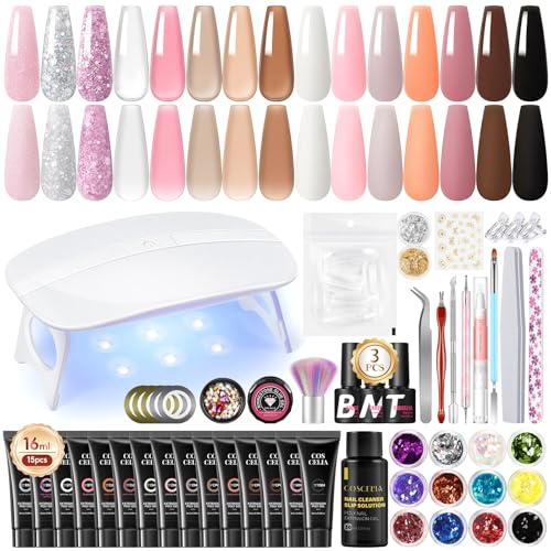 COSCELIA Poly Nagel Gel Set mit UV Lampe 44PCS, 15 Farben Poly Nagelgel Starter Set Nagelverlängerung Set mit Base Top Coat Gel Nägel Selber Set Machen Zu Hause