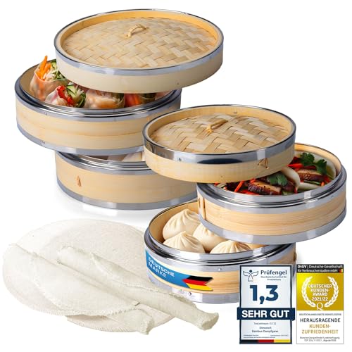 Dimono® Dampfgarer Bambus mit Edelstahl, 2 Etagen Bambus-Dämpfer mit Deckel, Bambus Dämpfaufsatz und Dampfkorb Reiskocher Bambusgarer für Sim Sum Dumplings, Gemüse, Reis, Fleisch und Fisch (2er Set)