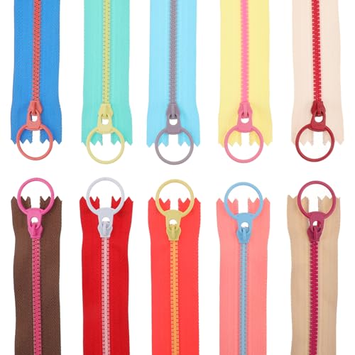Bewudy 10 Stück Bunt Harz Reißverschlüsse, 10 Farben Nylon Reißverschluss Set Coil Reißverschluss mit Metall-Ring zum Nähen Basteln, 23 cm Kunstharz Nähreißverschlüsse für Nähbegeisterte DIY Kleidung