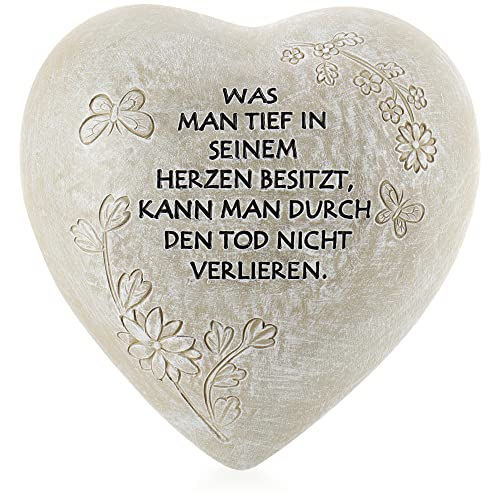 com-four® Grab-Dekoration in Herz-Form - wetterfester Grabschmuck mit Schmetterlingen - verzierter Trauerstein mit Gedenkspruch - Gedenkstein mit Aufschrift