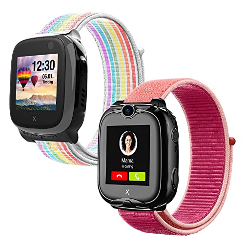 2 Stück Kinder Armbänder Kompatibel mit Xplora X5 / XGO 2/XGO 3 Armband,Kids Smartwatch Weich Sport Nylon Ersatzbänder für X5 Play/XGO2/XGO3,Mädchen Jungen Geschenk, Regenbogen + Granatapfel Rot