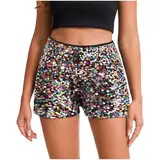 Die Discounter Shorts Damen Pailletten Hose Metallic Hotpants Festivals Outfits Glänzend Kurz Hose Hohe Taille Kordelzug Shorts Pailletten Glitzer Casual Shorts Sexy Hot Pants