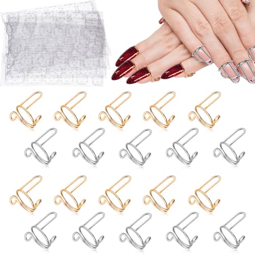 EBANKU 20PCS Wudu Nagel Ring für Acrylnägel, Verstellbare Fingernagel Ringe mit 96PCS Nagelkleber, Wiederverwendbar Metall Nagelring Set für künstliche Nägel, Nagelkunst Dekoration (Gold und Silber)