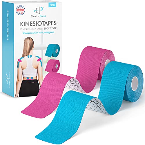 Health Press® Kinesiotapes - 2 Kinesiologie Tape Rollen Blau + Rosa (5cm x 5m) Kinesiotape - Profi Physio Tape & Sporttape - Hautfreundliche Tapes - DERMATEST: SEHR GUT