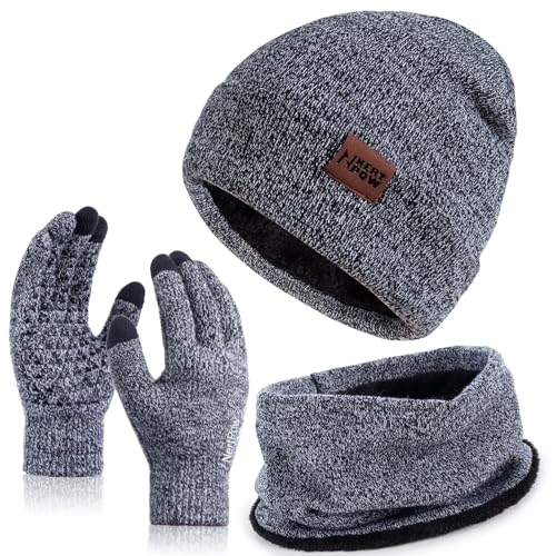 Nertpow Mütze, Schal & Handschuh-Sets für Damen Herren, Touchscreen Handschuhe Winter Beanie Mütze Stricken mit Fleece Gefüttert Schal Halswärmer set(Handschuhe&Mütze&Schal Schwarz Weiß)