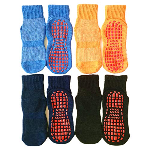 JXLESW Rutschfeste Trampolinsocken, rutschfeste Bodensocken für Übungen, Fitnessstudio, Yoga, Schwarz, Marineblau, Blau, Gelb, 6-9 Years