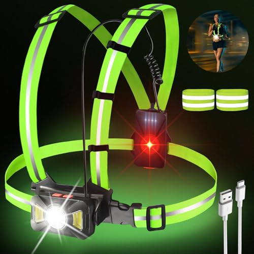 GOMETY Lauflicht mit 2 Reflektoren, LED Lauflampe mit 2 Reflektorbänder 5 Lichtmodi Taschenlampe USB Wiederaufladbare Brustlampe Läufen 65° Einstellbarer Wasserdicht Leichtgewichtige für Läufer Joggen