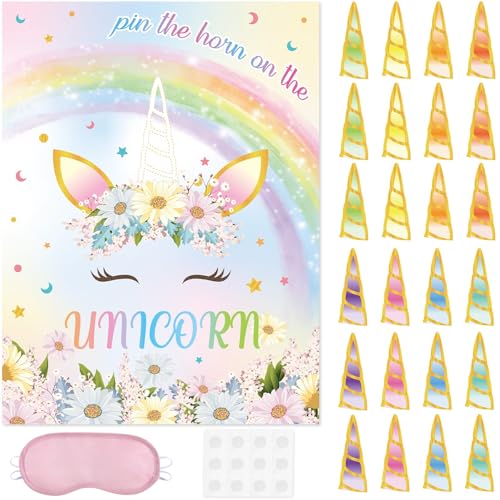 WERNNSAI Einhorn Spiel – Einhorn Party Dekorationen 51 × 73 cm Einhorn Partyspiel für Kinder Mädchen mit 24 Hörnern Einhorn Geburtstagsparty Zubehör für die Wanddekoration