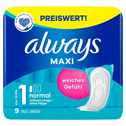 Always Maxi Binden Damen Gr. 1, Normal (9 Damenbinden) weich und super saugfähig, geruchsneutralisierend und Auslaufschutz