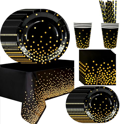 Party Geschirr Schwarz Gold,193pcs Schwarzgoldenes Geburtstag Party Geschirr Set-Pappteller Schwarz Gold Tischdecke etc Schwarz und Gold Partygeschirr