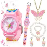 Kinderuhren für Mädchen, Kinder Uhr Schmetterling Armbanduhr Kinder 3D Cartoon Mädchenuhr Nette Armbanduhr Kinder Analoge Quarzuhr Wasserdichte Kinderuhr Kinderuhren mit Schmuckset für 3-10 Jahre