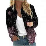 Arbeitsjacke Damen Winter Leichte Jacke Damen Frauen Dünne Stehkragen Drucken Bomberjacke Leichte Reißverschluss Pilotenjacke Bomber Winterjacke Damen Steppjacke Jeansjacke Gefüttert Damen Black L