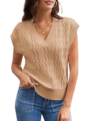 Damen Casual V-Ausschnitt Flügelärmel Herbst Tank Tops Shirts Faltenstruktur Khaki S