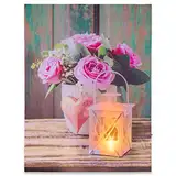 Nexos Trading LED Wandbild mit Beleuchtung Fotodruck Love 30 x 40 cm Kunstdruck Leuchtbild Rose Lampe Vintage-Stil Shabby Chic Hütte Leinwandbild Bauernhaus mit Timer