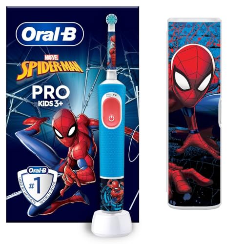 Oral-B Pro Kids Spiderman Elektrische Zahnbürste/Electric Toothbrush, Kinder ab 3 Jahren, inkl. Sensitiv+ Modus für Zahnpflege, extra weiche Borsten, 1 Aufsteckbürste, 1 Reiseetui, 4 Sticker, Blau/Rot