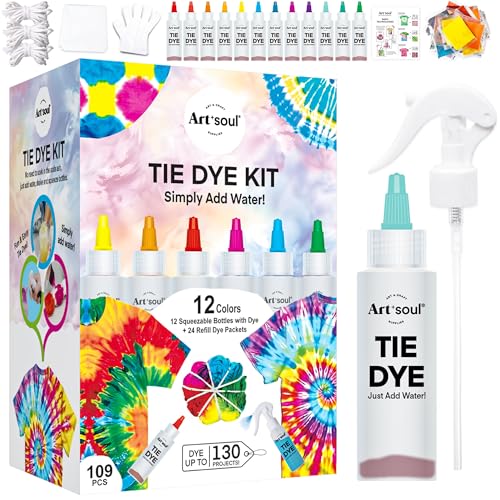 Art+soul 12 Farben Tie Dye Kit mit Bonus Tie Dye Powder Refiils Packs, DIY Fabric Dyeing Kit enthält Gummibänder, Handschuhe, Guide Book Perfekt für Kunst, Familie Partei, Geburtstag Geschenke