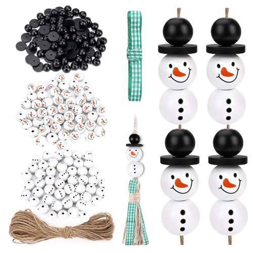 LMOOON 200er Schneemann Holzperlen für Weihnachten Mit 10m Hanfseil Für 50 Sets Schneemänner, Schneemann Weihnachtsperlen für DIY-Basteleien, Weihnachten, Halloween, Winter-Dekorationen