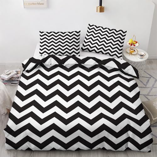 Traulpex Zickzack Bettwäsche 135x200cm 3 teilig, Geometrische Muster Bettbezug mit Reißverschluss, Weich & Bügelfrei, Schwarz Weiß Chevron Bettwäsche Set Microfaser mit 2 Kissenbezug 80x80 cm