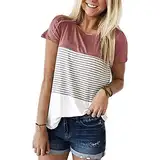 Damen Sommer Farbblock Gestreiftes T-Shirt Lockere Passform Sommer Tops LäSsige Tunika Rundhalsausschnitt Kurzarm T-Shirt Blusen (XXL,Rot)