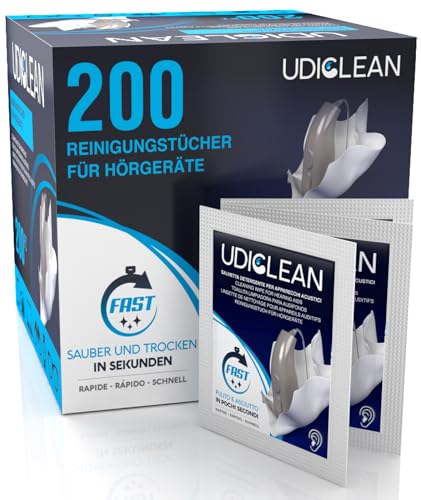 200 einzeln verpackte angefeuchtete Udiclean-Reinigungstücher für Hörgeräte und Cochlea-Implantate Schnell trocknende Tücher entfernen Fett, Schweiß und Schmutz