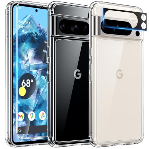 TAURI 5 in 1 für Google Pixel 8 Pro Hülle, Handyhülle für Google Pixel 8 Pro Case, mit 1 Handyhülle + 2 Stück Schutzfolie + 2 Stück Kameraschutz, Anti-Gelb Stoßfest 360 Grad Schutzhülle - Transparent