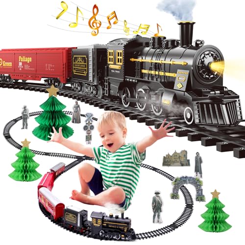 Aragallant Elektrische Eisenbahn Kinder, Retro Zug Elektrisch, Dampfzug Spielzeug, Legierung Weihnachtszug Weihnachtsbaum Set mit Dampf, Sounds und Lights Geschenke für 3-7 Jahre Jungen Mädchen Zugset