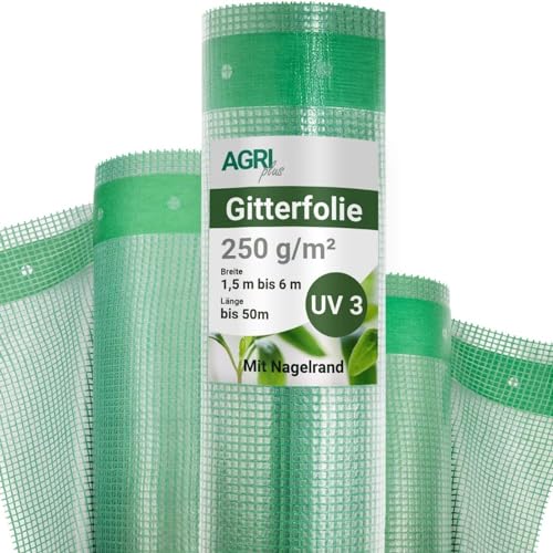 AGRI plus Gitterfolie 4 m breit - Länge wählbar I Stabile 250 g/m² Gewebeplane mit Nagelrand I Transparente Gartenfolie für langfristige Abdeckungen I Wetterfest & 3 Jahre UV-beständig