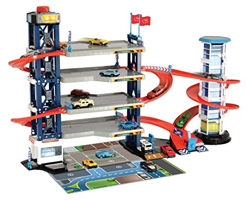 Dickie Toys Parking Garage, Parkgarage, Spielset, Parkhaus, 4 Etagen, Aufzug, 4 Die-Cast-Fahrzeuge, 1 Helikopter, Licht & Sound, inkl. Batterien