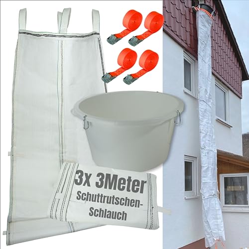 Schuttrutsche 9m | Flexible 3X 3m Schläuche, hohe Stabilität, einfache Installation | Bauschuttrutsche inkl. Einfülltrichter und 4 Spanngurt optimales Set