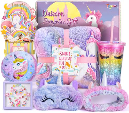 Einhorn Geschenke für Mädchen 4 5 6 7 8 9 10 Jahre Leuchtende Kuscheldecke Flauschig Wasserflasche 3D Geburtstagskarte Schmuck Set Stirnband Schlafmaske Einhorn Spielzeug Geburtstagsgeschenk Kinder