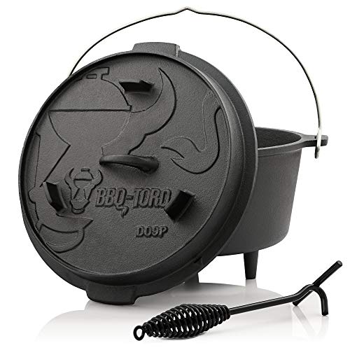 BBQ-Toro Dutch Oven Premium Serie | 9,0 Liter (DO9P), Topf mit Füße | bereits eingebrannt - preseasoned | Verschiedene Größen | Gusseisen Kochtopf | Bräter mit Deckelheber