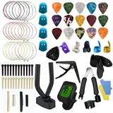 TTCR-II Gitarren Zubehör Set,78 Pcs Gitarrenzubehör mit Gitarren Stimmgerät,1 Gitarrenhalter,Kapodaster für Gitarre,15 Gitarre Plektrum,3 Set Gitarrensaiten,5 Fingerpicks,4 Fingerschutz,Gitarrengurt