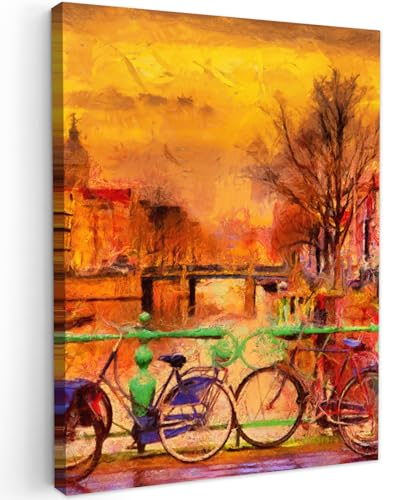 MuchoWow© Leinwände 50x70 cm Wall Decoration Bilder Schlafzimmer Deko Pictures Canvas Painting Wanddekoration Wohnzimmer Kunstdruck - Gemälde - Fahrrad - Amsterdam - Kanal - Ölgemälde