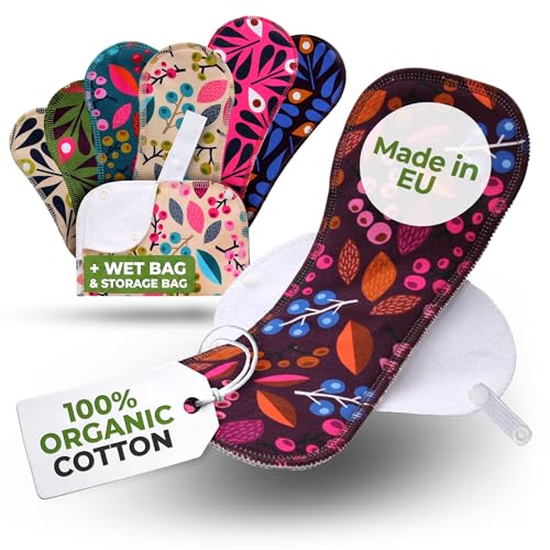Öko Stoffbinden waschbar aus Bio Baumwolle für jeden Periodenfluss (Größe S+M+L+XL, 7er-Pack); lange & kleine mehrweg Binden Damen, Mädchen MADE IN EU; waschbar bei hoher T°; für bequeme Periodentage