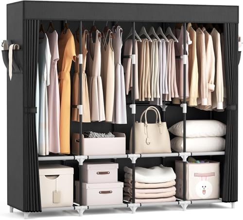 Vicye Kleiderschrank, Faltschrank,170*45*167 cm, Stoffschrank mit kleiderstange stabil, mit Abdeckung, 4 Lagerregalen und 4 Kleiderstangen, Textil Kleiderschrank für das Schlafzimmer Keller(Schwarz)