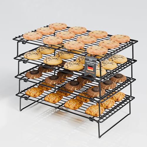 Yikko 4 Kühlregale zum Kochen und Backen, 4 Etagen Abkühlgitter, zusammenklappbar, 26 x 41cm, kühle Chargen Kekse, antihaftbeschichtet und BPA-frei, ofen- und spülmaschinenfest (schwarz-450)