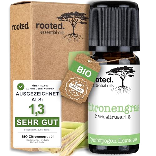 rooted.® BIO Zitronengrasöl 10ml [100% NATURREIN] - Echtes Lemongras - Ätherisches Öl für Aromatherapie, Duftlampe, Diffusoren, Raumduft, Duftkerzen und -Seifen